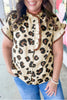 Khaki Plus Size Leopard Print Frilled Color Block Trim Button Down Short Sleeve Blouse