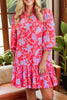 Red Floral Three Quarter Sleeves Ruffle Hem Mini Dress