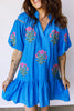 Blue Flower Embroidered Split Neck Short Puff Sleeve Ruffle Hem Dress