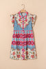 Rose Floral Mixed Pattern Ruffle Flutter Sleeve Buttoned Dress
