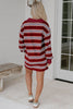 Red Stripe Retro Polo Collar Long Sleeve T Shirt Shift Mini Dress
