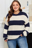 Blue Stripe Color Block PLus Size Drop Shoulder Sweater