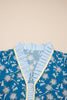 Blue Striped Trim Half Buttons Short Sleeve Floral Dress