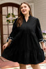 Black Contrast Trim Knot Cuffs Plus Size V Neck Mini Dress