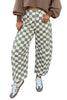 White Checkered Print Denim Barrel Pants