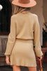 Smoke Gray High Neck Puff Sleeve Sweater Pleated Mini Skirt 2pcs Knitted Outfit