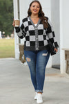 Black Checkered Drop Shoulder Buttoned V Neck Cardigan