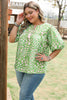 Green Plus Size Floral Tassel Tie Split Neck Puff Sleeve Blouse