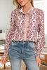 Floral Print Frilled Striped Trim Button Down Smocked Cuffs Long Sleeve Shirt