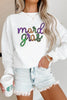 White Sequined mardi gras Graphic Crew Neck Drop Shoulder Sweatshirt