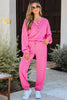 Bright Pink Raw Edge Half Buttons Pullover and Jogger Pants Set