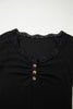 Skobeloff Lace Neckline Button Decor Lettuce Edge Long Sleeve Ribbed Top