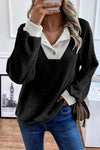 Black Color Contrast Ribbed Loose Fit Long Sleeve Top