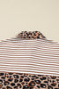 Brown Stripe Contrast Leopard Patchwork Long Shirt Dress with Slits