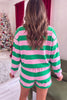 Pink Stripe Holly Jolly Embroidery Pullover Long Sleeve Two Piece Shorts Set