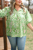 Green Plus Size Floral Tassel Tie Split Neck Puff Sleeve Blouse