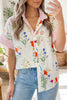 Beige Floral Striped Patchwork Ruffled Collar Short Sleeve Shirt