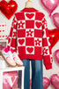 Fiery Red V Neck Flower Heart Detail Checkered Knit Loose Sweater