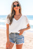 White Lace Crochet Textured Button Back V Neck T Shirt
