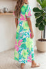Pink Floral Print Striped Trim Button Down Short Sleeve Vacation Dress