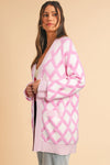 Pink Rhombus Pattern Knit Open Front Pocketed Cardigans