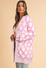 Pink Rhombus Pattern Knit Open Front Pocketed Cardigans