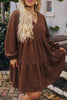 Coffee Winter Corduroy V Neck Long Sleeve Plus Size Mini Dress