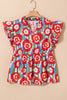 Red Plus Size Floral Print Ruffle Trim Split Neck Peplum Top