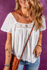 White Hollowed Lace Patchwork Square Neck Short Sleeve Blouse
