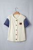 Beige Denim Patchwork Short Sleeve Ribbed Shirt