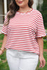 Red Stripe Plus Size Scalloped Trim Round Neck Short Sleeve Top