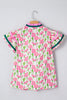 Pink Floral Print Contrast Trim V Neck Double Ruffled Short Sleeve Blouse