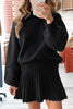 Black High Neck Puff Sleeve Sweater Pleated Mini Skirt 2pcs Knitted Outfit