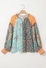 Green Floral Patchwork Lantern Sleeve Buttoned V Neck Plus Size Blouse