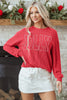 Racing Red Twisted Rib Outlined Merry Letter Graphic Loose Long Sleeve Top