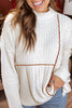 White Mix Texture Patchwork Contrast Stitch Mock Neck Sweater