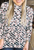 Black Checkered Baseball Bow Print High Neck Long Sleeve Mesh Top