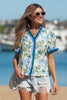 Beige Floral Print Contrasted Frilled Striped Trim Short Sleeve Blouse