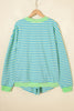 Pink Stripe Color Block Detail Long Sleeve Pullover Elastic Waist Pull On Shorts 2pcs Set