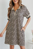Khaki Leopard Print Zip Neck Striped Webbing Patchwork T Shirt Mini Dress