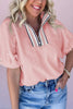Light Pink Contrast Striped Collar Patchwork Textured Half Sleeve Blouse