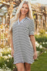 Black Stripe Contrast V Neck Collared Puff Sleeve T Shirt Mini Dress with Pockets