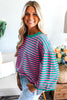 Racing Red Striped Print Drop Shoulder Lace Trim Bracelet Sleeve Loose Top