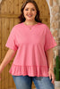 Peach Blossom Solid Color Raw Seam Detail Ruffle Hem Plus Size T Shirt