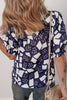 Blue Abstract Print Frilled Puff Sleeve V Neck Blouse
