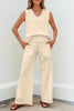Beige Solid Color Tank Top and Smocked Waist Pants Set