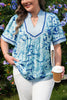 Sky Blue Plus Size Scalloped Trim Floral Short Sleeve Blouse