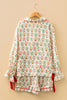 Beige Nutcracker Print Contrast Trim Tied up Bow Silky 2pcs Pajama Set