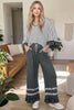 Blue Stripe V Neck Ruffle Contrast Sleeve Top Drawstring Pants 2pcs Set