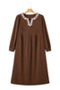 Coffee Embroidered Notched Neckline Textured Pleated High Waist Plus Size Midi Dress
